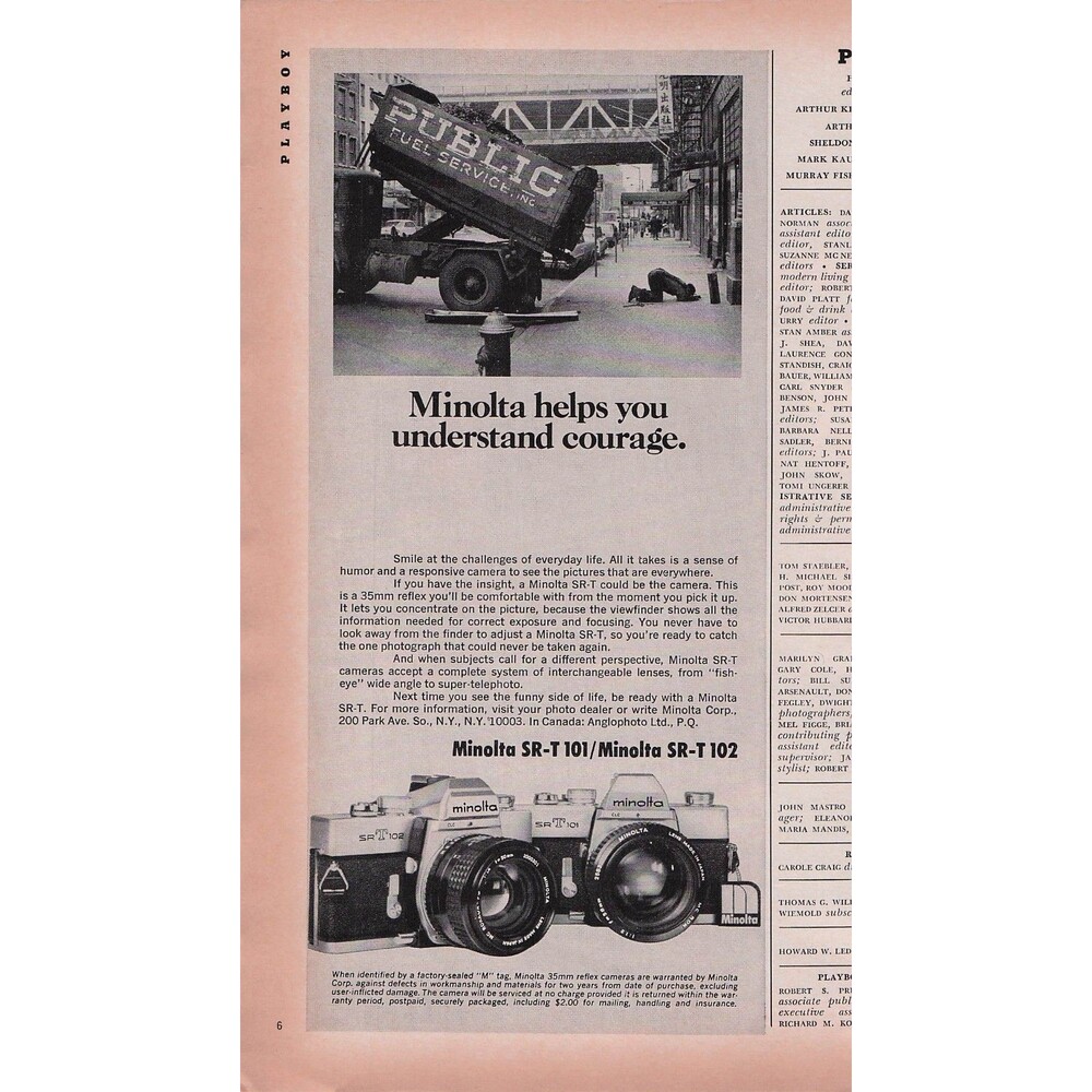 1974 Minolta SR-T 101, SR-T 102 Camera print Ad Courage garbage truck framing
